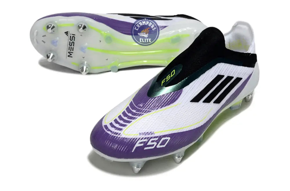 F50 Elite Laceless SG - Blanc/Noir/Violet/Jaune Fluo – Image 2
